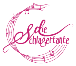 Logo von Die Schlagertante, Wort mit Notenlinien und tanzenden Noten als offener Kreis